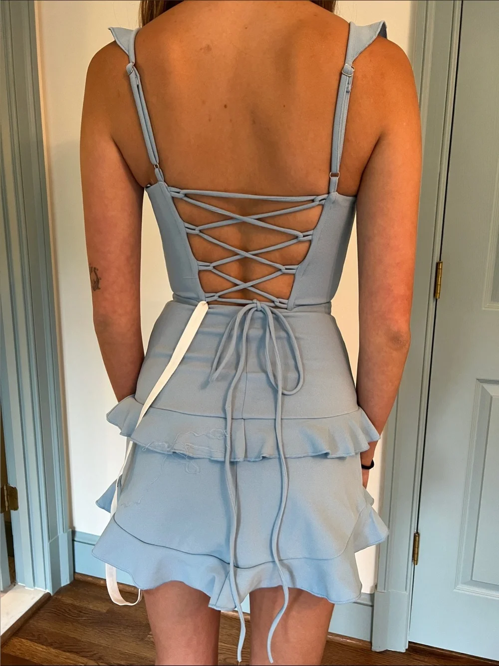 Lucy in the Sky Powder Blue Ruffle Strap Mini Dress - Picture 4 of 4